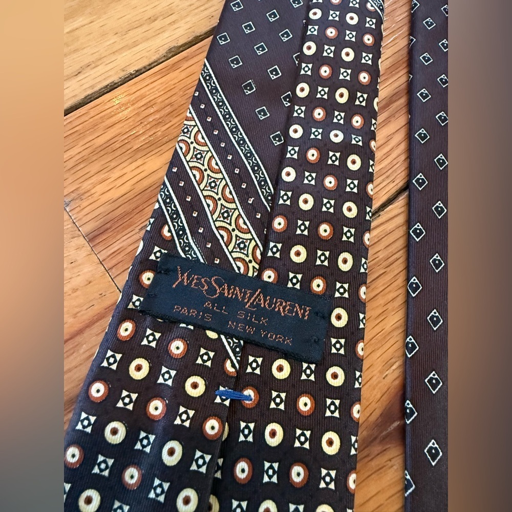 Yves Saint Laurent Brown Geometric Silk Tie with Cream & Orange Accents